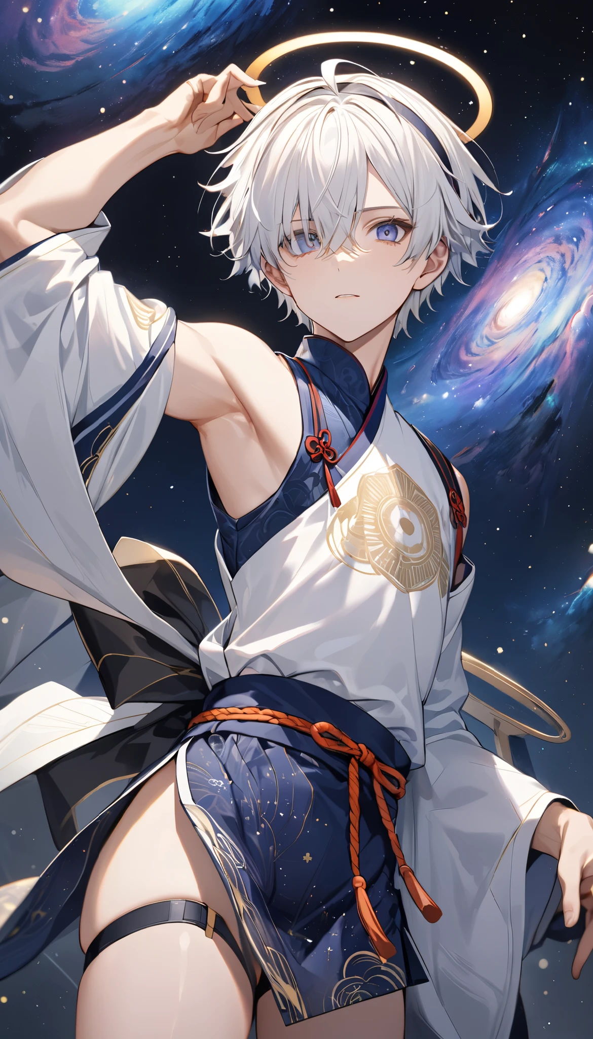 Fresh illustration,
Ultra-fine drawing,
Very delicate illustration,
Very fine details,
Only one boy,
Full body,
Standing motionless,
Arms slightly spread,
Height 158cm,
Fair skin,
Right eye purple,
Left eye blue,
Odd eyes,
Heterochromie iris,
Beautiful eyes,
Large black pupils,
Short hair,
Blue roots and white hair elsewhere,
Hair with a gradient,
Shiny hair,
Cute face,
Pretty face,
Shiny halo on back of head,
Raised eyebrows,
Kimono upper body,
Japanese clothing upper body,
Masculine build,
Six pack,
Very small breasts,
No breasts,
Chinese dress lower body,
Black obi,
White clothes overall,
Tastefully embroidered with gold thread ,
Clothes with a high-quality texture,
Jock straps,
Thigh straps,
Thigh straps digging into the skin,
White long boots,
Japanese-style toes,
Number of fingers and toes: 5,
Thin waist,
Thin legs,
Isometric,
Golden ratio,
Divine atmosphere,
Wearing an indigo-colored stand-up collared inner,
Outer space,
Galaxy,
Countless small stars,
Tactical use of shadows,
Hairbands and hair on head do not extend beyond the frame,
Clothes do not extend beyond the frame,