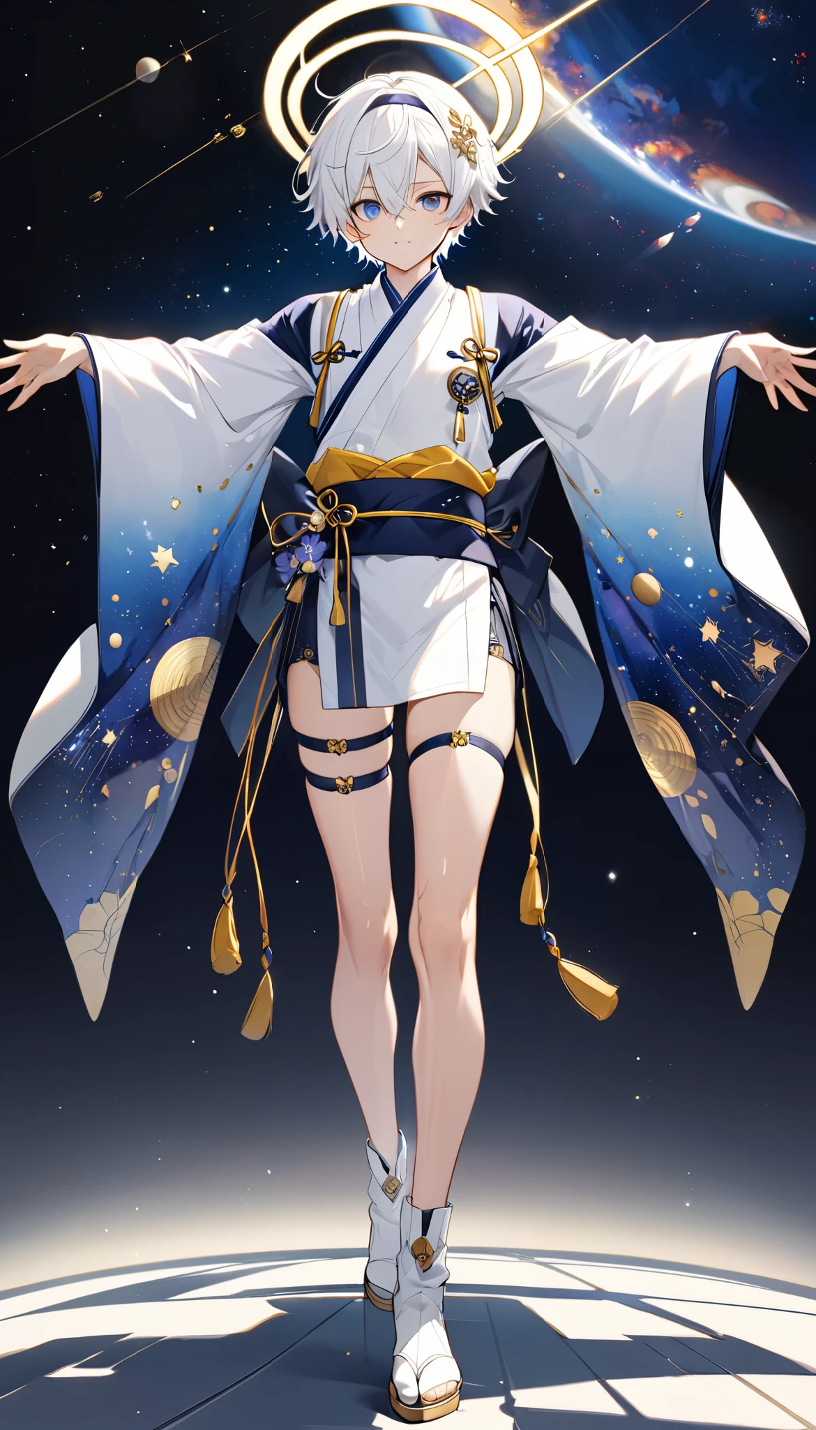 Fresh illustration,
Ultra-fine drawing,
Very delicate illustration,
Very fine details,
Only one boy,
Full body,
Standing motionless,
Arms slightly spread,
Height 158cm,
Fair skin,
Right eye purple,
Left eye blue,
Odd eyes,
Heterochromie iris,
Beautiful eyes,
Large black pupils,
Short hair,
Blue roots and white hair elsewhere,
Hair with a gradient,
Shiny hair,
Cute face,
Pretty face,
Shiny halo on back of head,
Raised eyebrows,
Kimono upper body,
Japanese clothing upper body,
Masculine build,
Six pack,
Very small breasts,
No breasts,
Chinese dress lower body,
Black obi,
White clothes overall,
Tastefully embroidered with gold thread ,
Clothes with a high-quality texture,
Jock straps,
Thigh straps,
Thigh straps digging into the skin,
White long boots,
Japanese-style toes,
Number of fingers and toes: 5,
Thin waist,
Thin legs,
Isometric,
Golden ratio,
Divine atmosphere,
Wearing an indigo-colored stand-up collared inner,
Outer space,
Galaxy,
Countless small stars,
Tactical use of shadows,
Hairbands and hair on head do not extend beyond the frame,
Clothes do not extend beyond the frame,