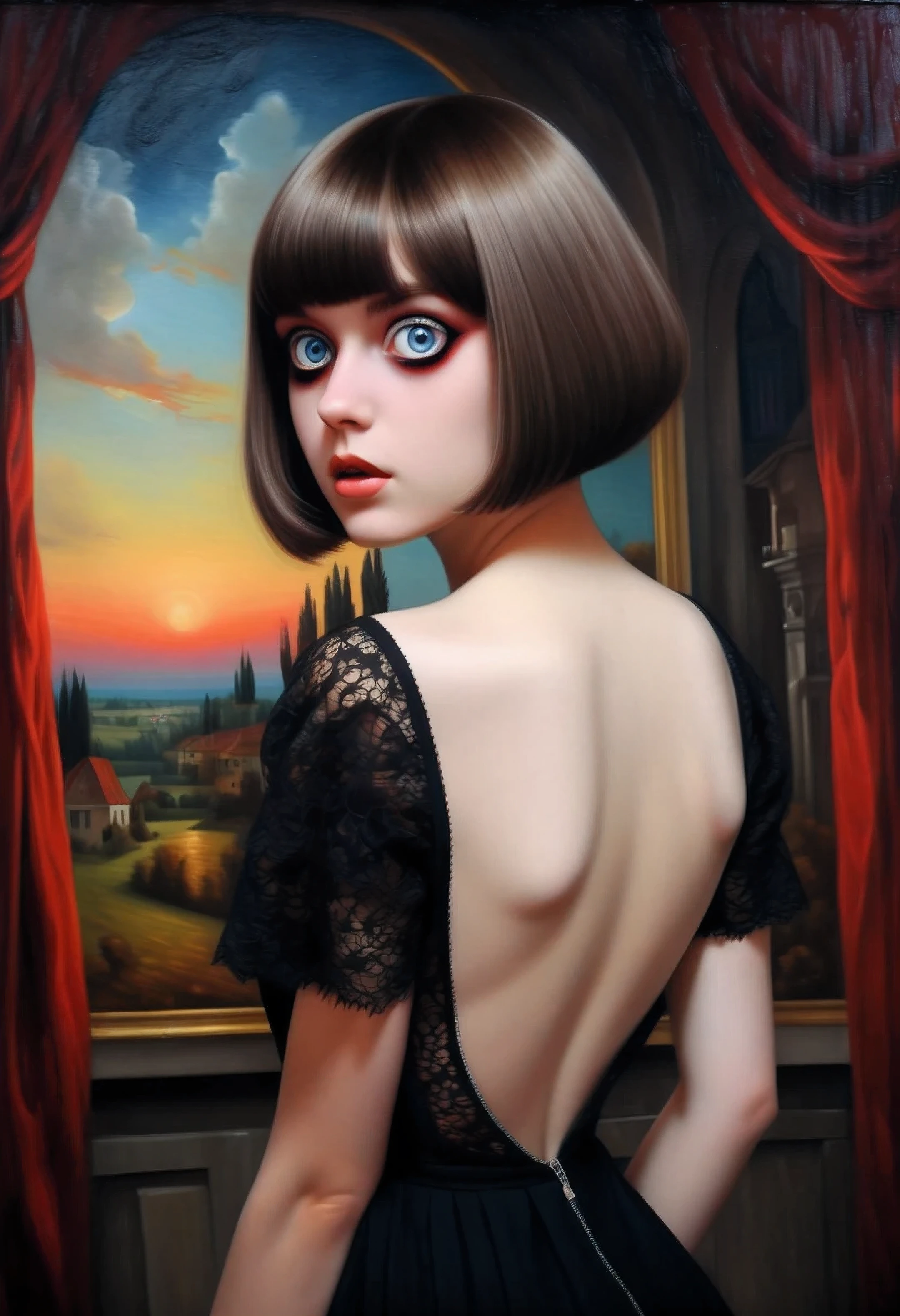 [[(  full-length frontal portrait  :  young Lacey Shaber in a black dress with an open back ((  tenebrosso  , lights  (aesthetics, One!!!)   with big beautiful eyes and a bob haircut , Crimson)(( Kuno-Amiyet style  !!!))])):20]/[background: Renaissance landscape  , old canvas, (Dark Studio), (( dark it's in the style of Alexey Savrasov :1,6))]/[  very colorful  ,((  oil painting with a palette knife))((  masterpiece fails )),((  highest detail))]]