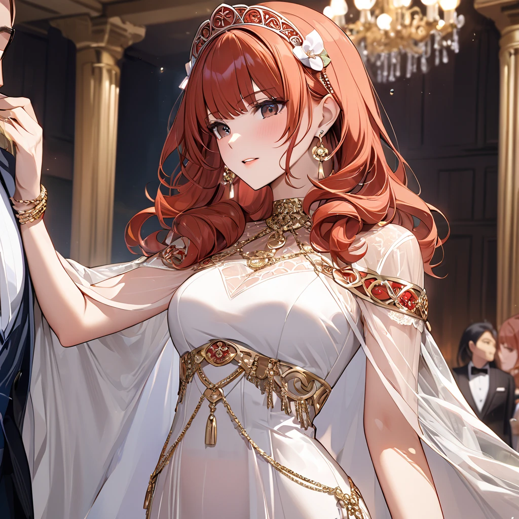 (( top quality )), ((masterpiece)), ( Details), （perfect face）、The red-haired Celica, who became the millionaire's wife, is a millionaire lady who lives a luxurious and elegant life without any inconvenience by wearing a luxurious and beautiful see-through dress and see-through cape with luxurious jewelry accessories, luxurious earrings, bangles, and jeweled headdress chains、The wife next door brought me a 