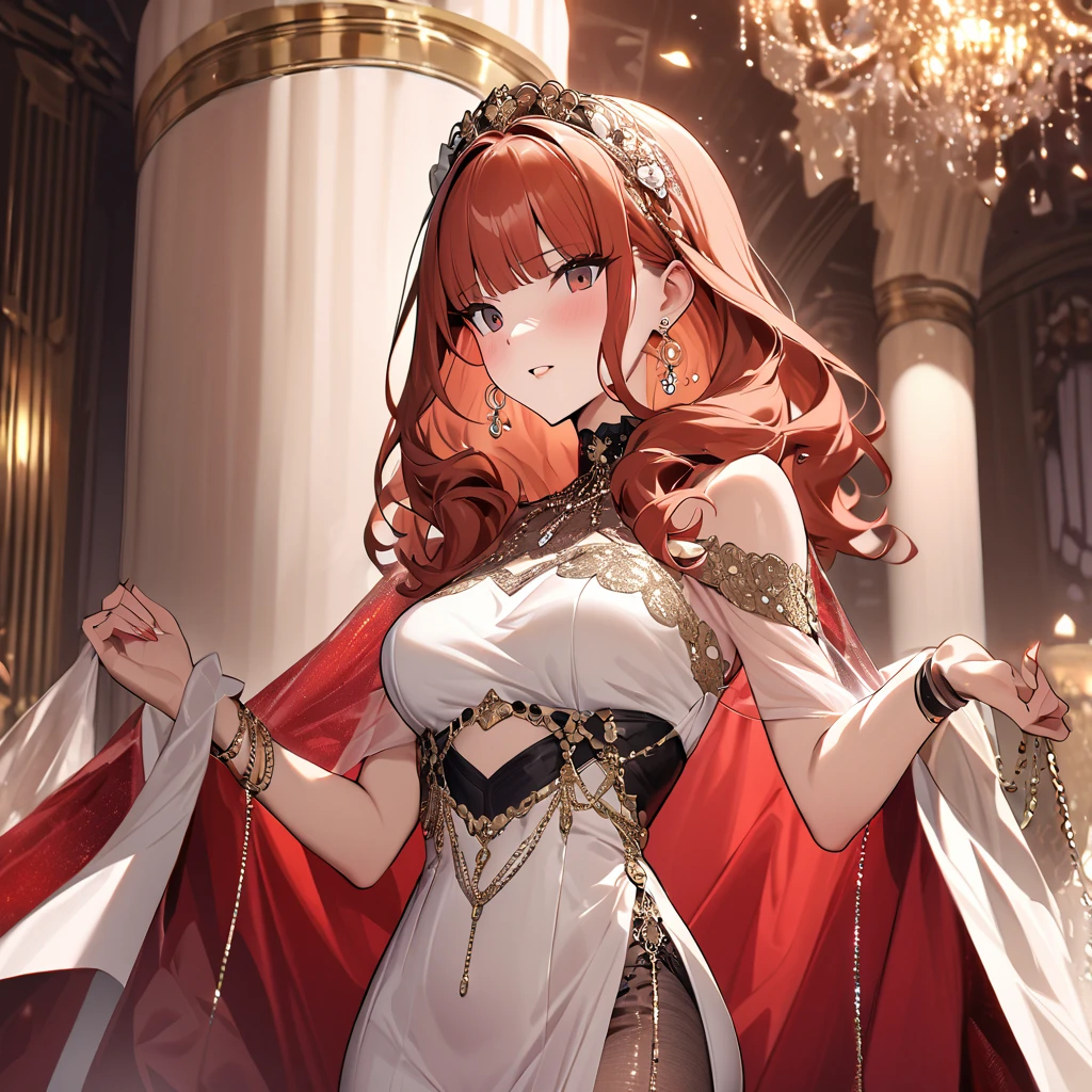 (( top quality )), ((masterpiece)), ( Details), （perfect face）、The red-haired Celica, who became the millionaire's wife, is a millionaire lady who lives a luxurious and elegant life without any inconvenience by wearing a luxurious and beautiful see-through dress and see-through cape with luxurious jewelry accessories, luxurious earrings, bangles, and jeweled headdress chains、The wife next door brought me a 