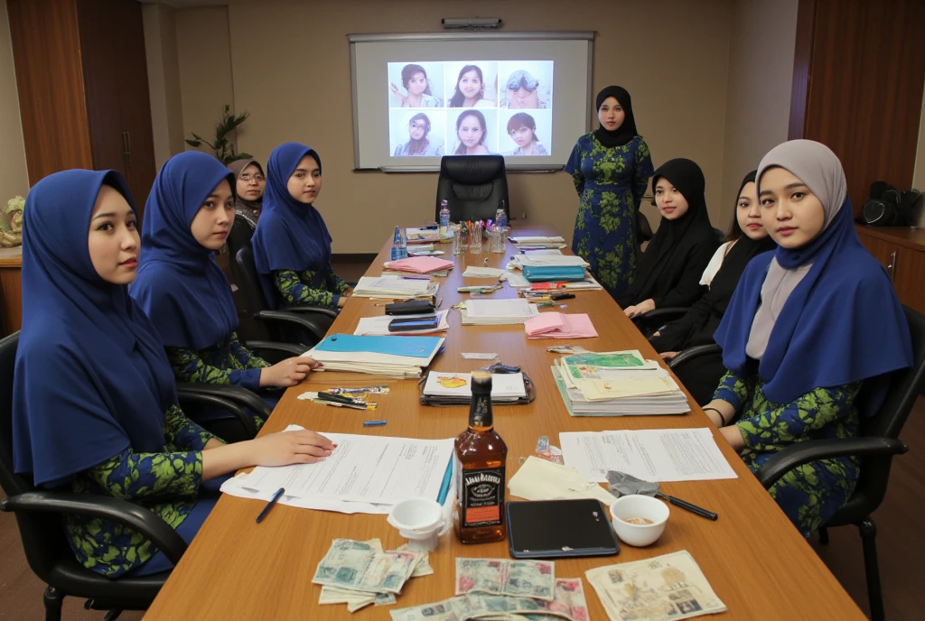 Wide-angle, ultra-sharp daytime photo at eye-level view POV from a principal in a teachers meeting. An old wooden table stretches ahead with items like Jack Daniel Whiskey bottle, glass, papers, pens, thick books, a handbag, Malaysian money strapped, smartphones, Condoms, womens bra, womens panties. On the left, Five seated female hijab teachers in Baju Kurung, attractive, petite, wide oval face, attentive, looking to viewer. On the right, a similar group, with one standing petite hijab female teacher wearing sexy blue and green baju kurung with seamless floral design presenting a report. Focus on five (5) female teachers in the meeting included the standing female. At the table's far end, two hijab female teachers wearing dark outfit sit in front of an wide big LED screen showing a six nude photo of a hijab womens. Day, old setting, photorealistic, film grain. All female is Indonesian, brown skin, petite, hourglass sexy body, medium breast, tight outfit, layered hijab, brown palleted wall, vignette.