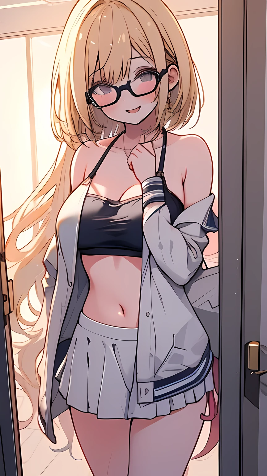 1girl, high school student, solo, large_breasts, blonde bob, glasses, ,bikini, blushing, hold one's chest,Bikini Swimwear, Changing Room, masterpiece, best quality, very aesthetic, ultra high resolution,(((hdr,uhd,8k,best_quality,masterpiece))),very_aesthetic,absurdres, score_9,score_8_up,cinematic lighting , cinematic angle,