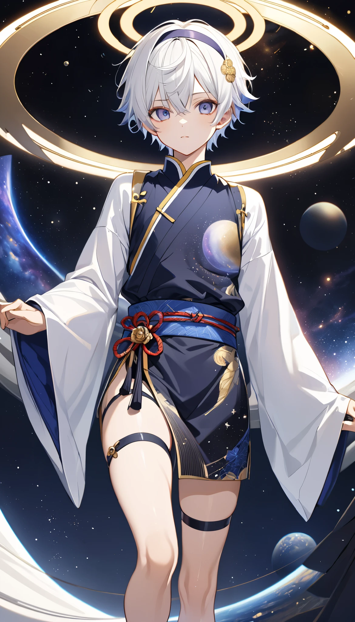 Fresh illustration,
Ultra-fine drawing,
Very delicate illustration,
Very fine details,
Only one boy,
Full body,
Standing motionless,
Arms slightly spread,
Height 158cm,
Fair skin,
Right eye purple,
Left eye blue,
Odd eyes,
Heterochromie iris,
Beautiful eyes,
Large black pupils,
Short hair,
Blue roots and white hair elsewhere,
Hair with a gradient,
Shiny hair,
Cute face,
Pretty face,
Shiny halo on back of head,
Raised eyebrows,
Kimono upper body,
Japanese clothing upper body,
Masculine build,
Six pack,
Very small breasts,
No breasts,
Chinese dress lower body,
Black obi,
White clothes overall,
Tastefully embroidered with gold thread ,
Clothes with a high-quality texture,
Jock straps,
Thigh straps,
Thigh straps digging into the skin,
White long boots,
Japanese-style toes,
Number of fingers and toes: 5,
Thin waist,
Thin legs,
Isometric,
Golden ratio,
Divine atmosphere,
Wearing an indigo-colored stand-up collared inner,
Outer space,
Galaxy,
Countless small stars,
Tactical use of shadows,
Hairbands and hair on head do not extend beyond the frame,
Clothes do not extend beyond the frame,