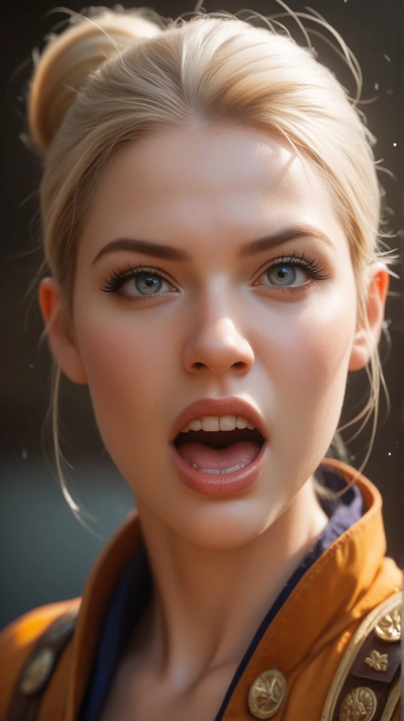  Close-up of an open mouth uttering a desperate scream .  The sound seems almost visible as sound waves distorting the surrounding air.  The expression on Banshee's face is one of pain and fury ,  as her hair floats in a burst of supernatural energy . the background is dark, with flashes of white light radiating .