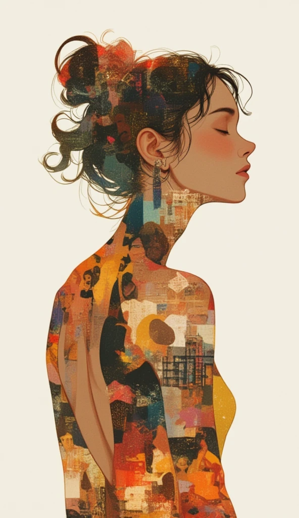 a woman dressed in a backless ballroom dress, she closes her eyes and remember all her friends and family, double exposure of different friendly faces of her friends and family