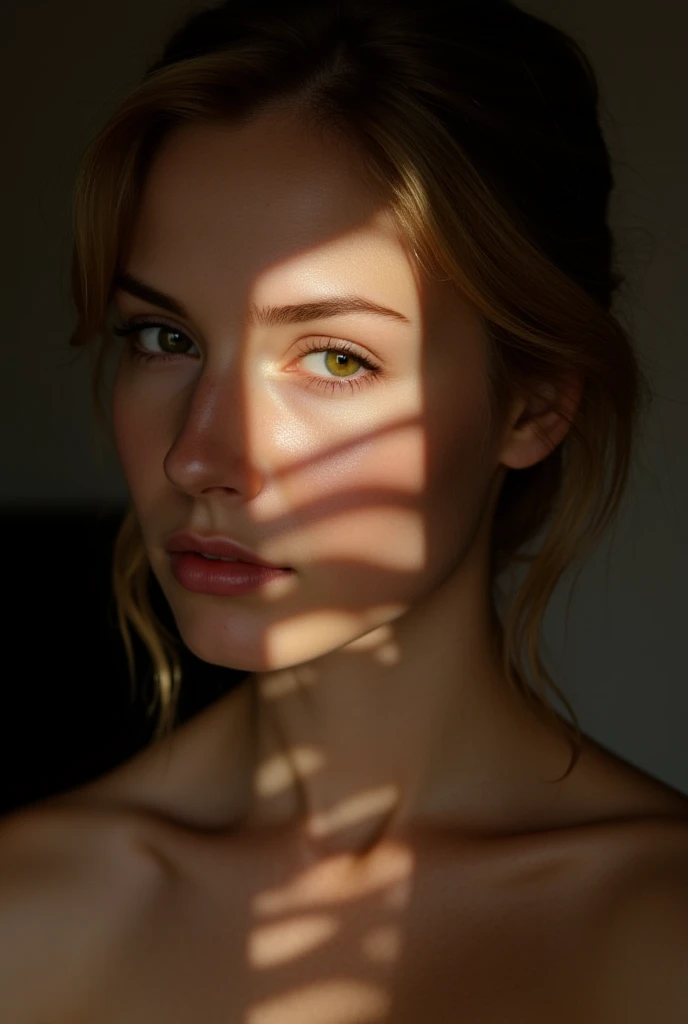 Phenomenal photographic portrait. , canon 3.5mm, f1.6, of an beautiful, natural, freackles, woman  looking into the camera..  sunlight enters the room and illuminates the right side of her face. The light is found, low key, set to a wide F1.5 aperture, .  Rays of light, strong chiaroscuro, 