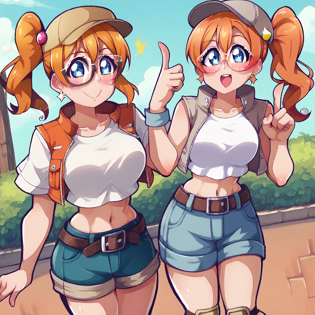 (Masterpiece, Best Quality, High Quality), anime style, , love live,kousaka honoka , kousaka honoka,id_honoka_kosaka,love live, blue eyes, orange hair, glasses, medium hair, ponytail, crop top, hat, jacket, knee pads, shorts, sleeveless, navel, belt,8k wallpaper, looking at viewer, earrings, outdoors, erotic figure, (blushing:1.2) , big breasts, pointing up by two hands, looking up,dbp, smile