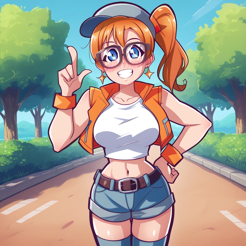 (Masterpiece, Best Quality, High Quality), anime style, , love live,kousaka honoka , kousaka honoka,id_honoka_kosaka,love live, blue eyes, orange hair, glasses, medium hair, ponytail, crop top, hat, jacket, knee pads, shorts, sleeveless, navel, belt,8k wallpaper, looking at viewer, earrings, outdoors, erotic figure, (blushing:1.2) , big breasts, pointing up by two hands, looking up,dbp, smile