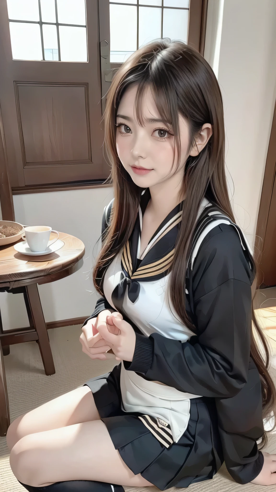 8k, masterpiece, highest quality, ultra high resolution, highest resolution, very detailed, professional lighting, orange light lighting、Backlight、Detailed CG、Low angle from the front、full body shot、Beautiful woman、beautiful eyes、(detailed face and iace:1 2)、narrow eyes、almond eye、brown eyes、gradation eye、highlight:1.2)、(beautiful black hair、(three-dimensional lips、plump lips) 、(oval face : 1.4)、(thin fingered arms、detailed human hand)、(table top, highest quality:1.2), Scenery with Japanese wooden houses、ancient folk house、beautiful japanese garden、beautiful red sunset、full body pose、A girl who blends into the scenery、Beautiful woman, small face、white skin、very cute, thin hair、brown eyes)、Breasts are medium in size、(beautiful black hair、medium hair)、(black sailor suit、serafuku:1.4)、thin and long legs、JK black skirt 、pleated skirt、Hip line emphasis、black socks、black stockings、Breasts are A cup、Shoes are loafers) 、(round face: 1.4)、shy smile、black knee high socks、「tom 2106」