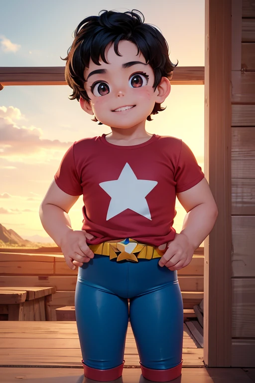 Steven the hero, cute face, short hairstyle, detailed body, red shirt, star logo, blue pants, attractive smile, cinematic shot, lens aperture 1.7, background inside a hut, high resolution, best quality. 