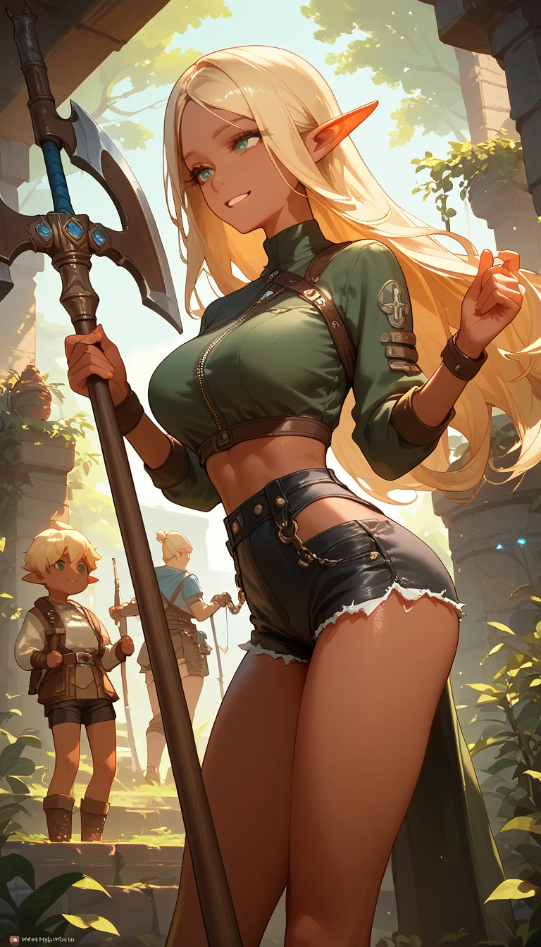  ,    dark skin  ,   smooth skin, smile,  standing device, girl-,   thin waist, , leather mini shorts, Pixel, small head,  long hair ,  Big girl,  phantesis , an adventurer, archer, elf,  blonde , sex