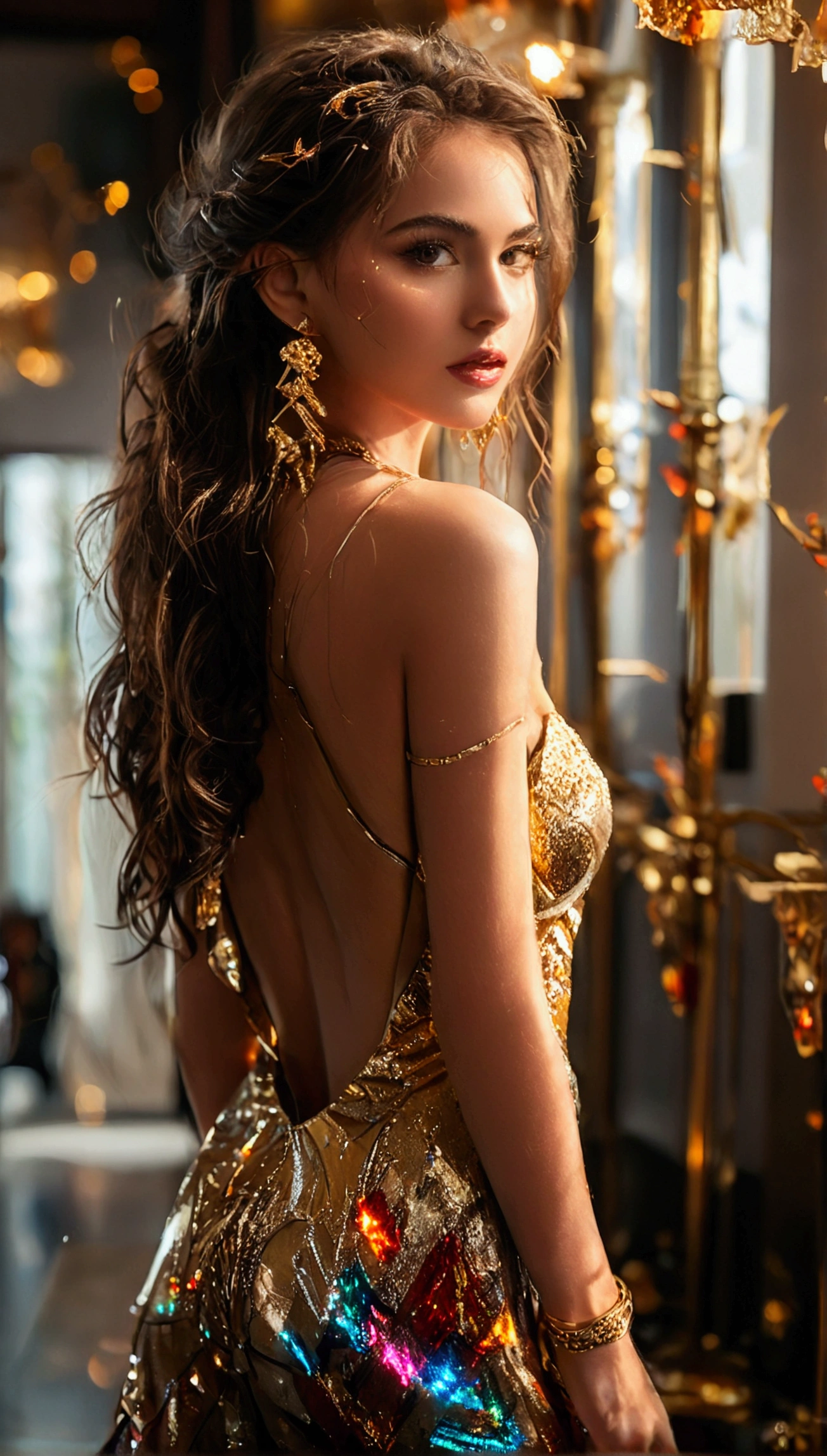 "(((Sexy woman))) in an opulent ballroom, bathed in golden hour sunlight streaming through stained glass windows. Utilize a (((70mm))) lens for a medium shot view, capturing intricate details of the woman's attire and jewelry. Emulate the style of professional photographers known for their high-resolution, photorealistic images, achieving a balance of warmth and detail."