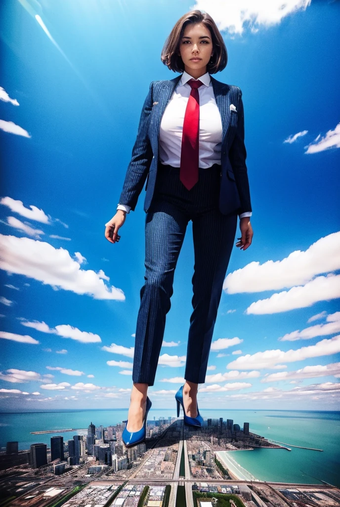 view from outer space of an approaching young giga giantess, Giantess art, 500 miles tall giga giantess, young sophisticated and stylish woman in a blue italian pinstriped trouser suit, form fitting crisp office shirt, and a large wide light blue necktie in a windsor knot, with a beautiful, curvaceous figure, large natural breasts, and short blonde hair, with a curvaceous figure and massive breasts. wearing blue rounded court high heels with uncovered feet and standing, rampage-like pose, with a city skyscrapers background of mega-city, skyscapers, bright daylight, cloudy atmosphere. The image is a high-resolution, masterpiece-quality, cinematic, ultra-detailed, and hyper-photorealistic photograph, with perfect hands, face, and lighting. ultra-detailed, 8K, photo-realistic, hyper-realistic, masterpiece, intricate details, full body view. Looking pasted camera, The image is a high-resolution, masterpiece-quality, cinematic, ultra-detailed, and hyper-photorealistic photograph, with perfect hands, face, and lighting. ultra-detailed, 8K, photo-realistic, hyper-realistic, masterpiece, intricate details, from high above