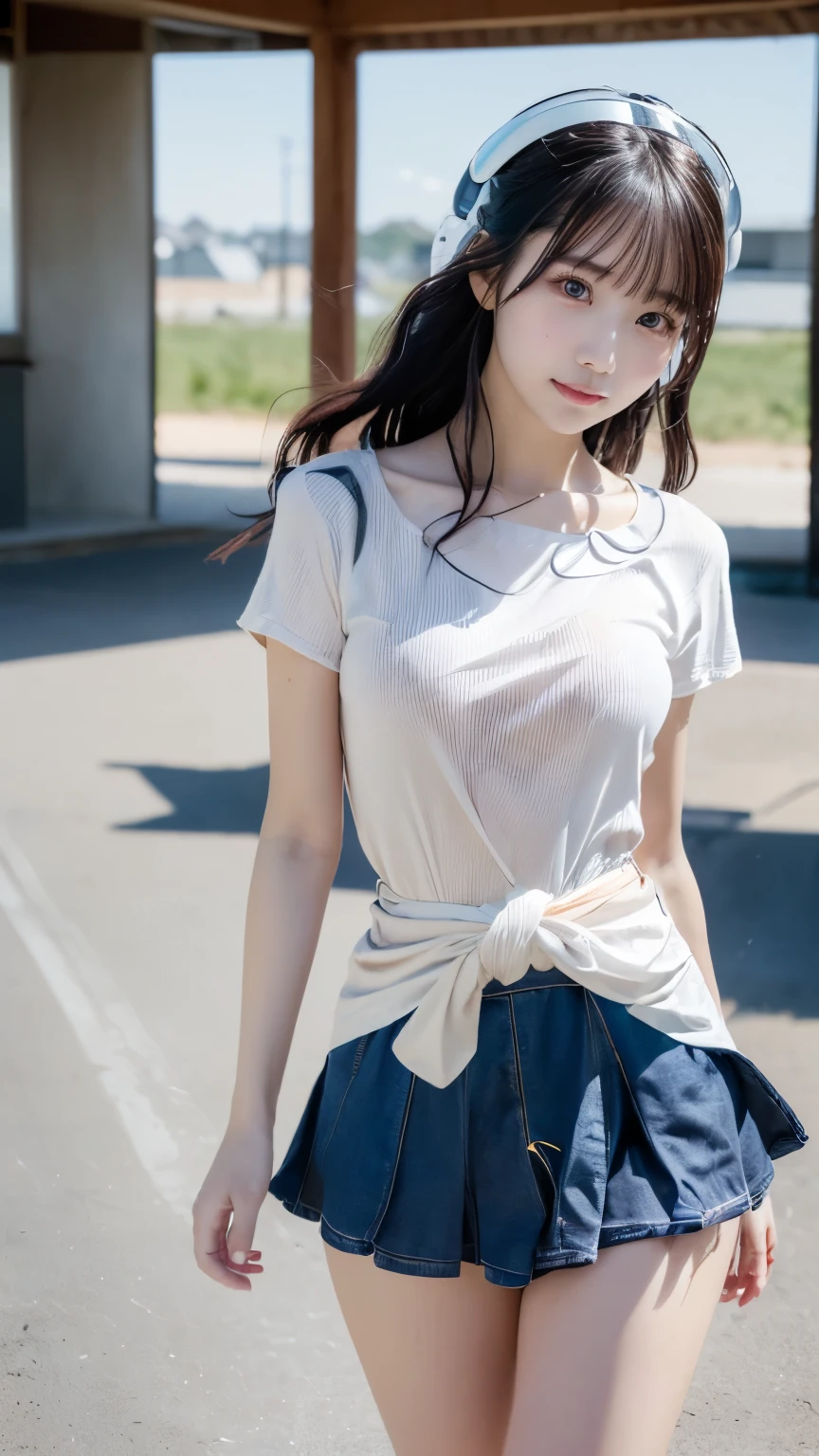 A woman who has been and tied up、Hands tied with rope、Standing in the grass、blue sky、Facing forward、White panties are visible、21talent、Beauty、Well-formed face、Make your eyes even、Beautiful black hair、Has bangedium build、Well-balanced proportions、Beautiful legs、Dark short-sleeved shirt、Long skirt、Like real life、highest quality、
