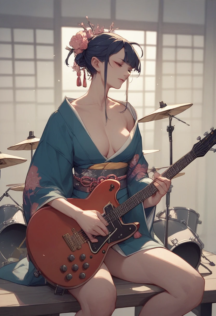 A Japanese woman wearing a sexy kimono drums an electric guitar