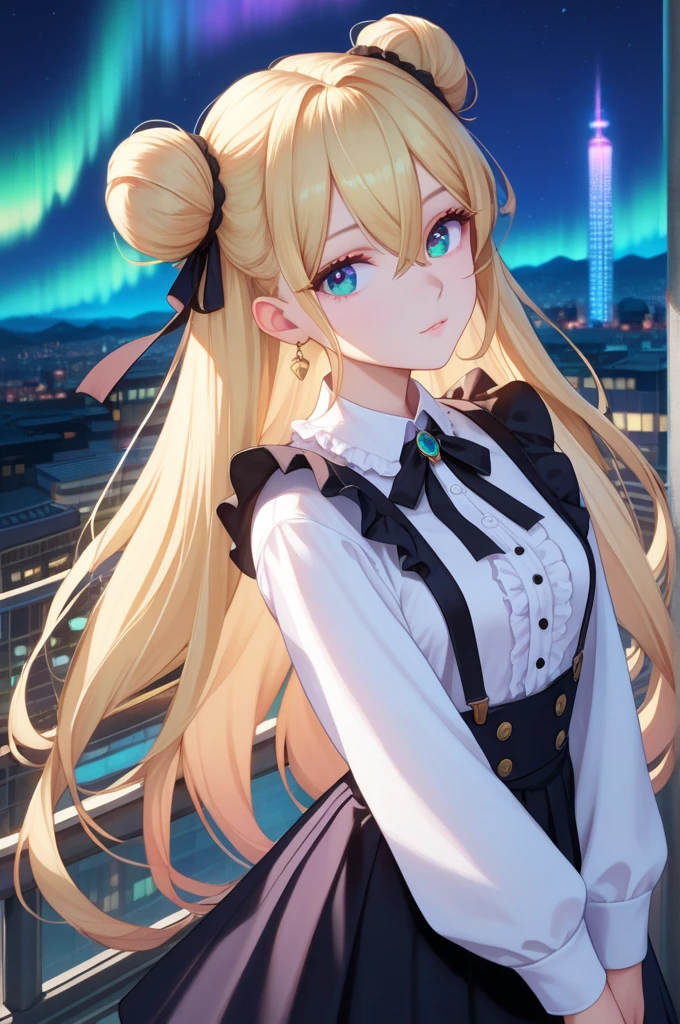 mmukuro,blonde hair, double bun, very long hair, long bangs, hair between eyes, (suspender skirt:1.4), black skirt, white shirt, long sleeves, striped thighhighs, outdoors, cityscape, city lights, night sky, night, aurora, standing, looking at viewer, black ribbon, center frills, (upper body:1.3),Senos grandes, 