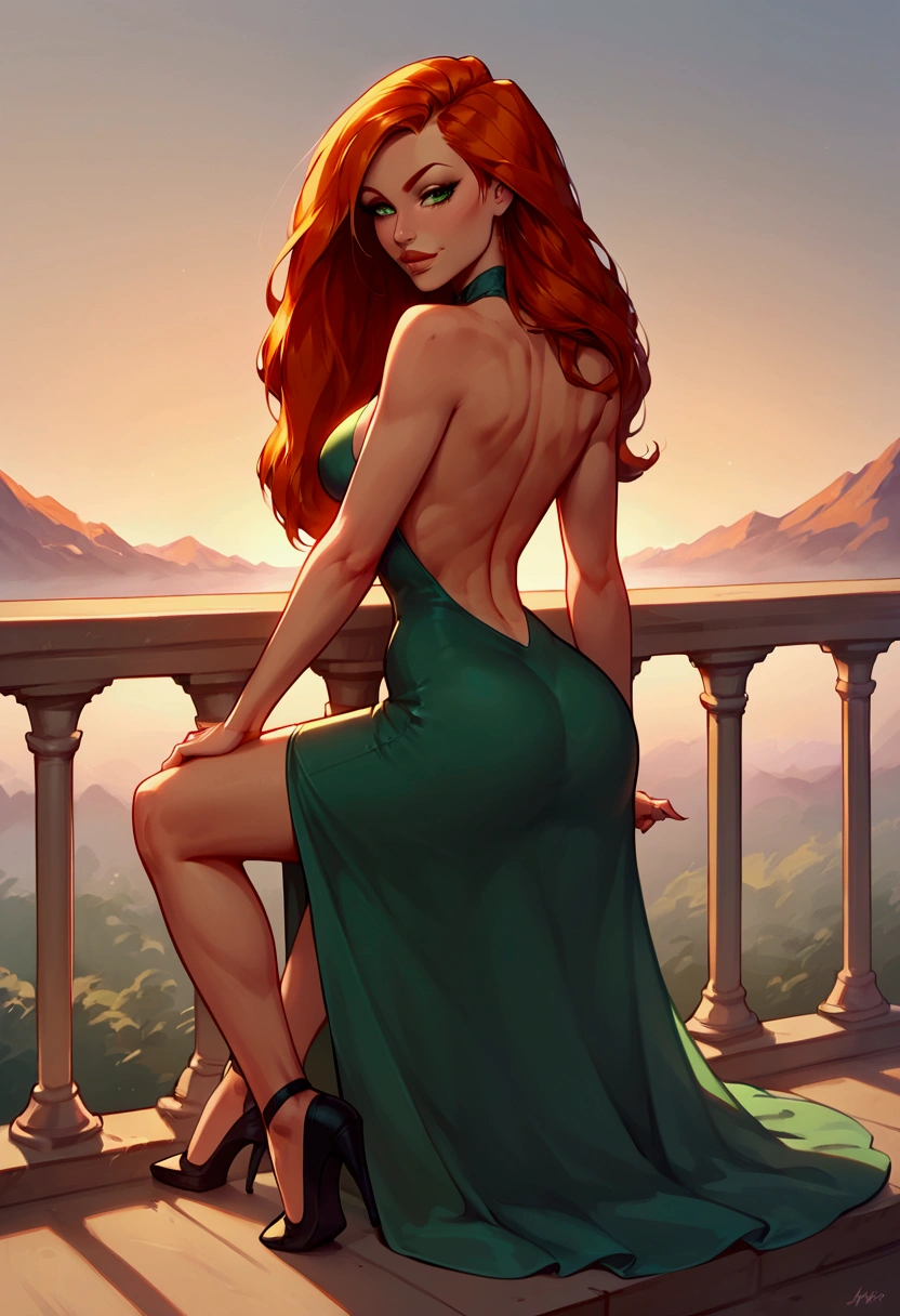 score_9, score_8_up, score_7_up, Kim Possible, 1girl, green eyes, orange hair, long hair, meduim breasts, half naked, adult, 23 years old, wearing a backless dress, looking at viewer, dynamic pose, seductive pose, seductive smile, flirty smile, detailed face features, beautiful eyes, extremely detailed face, long eyelashes, sexy,looking at viewer, Backless dress, outdoors, high heels, facing viewer, close up, full close up, ballroom, arms on balcony