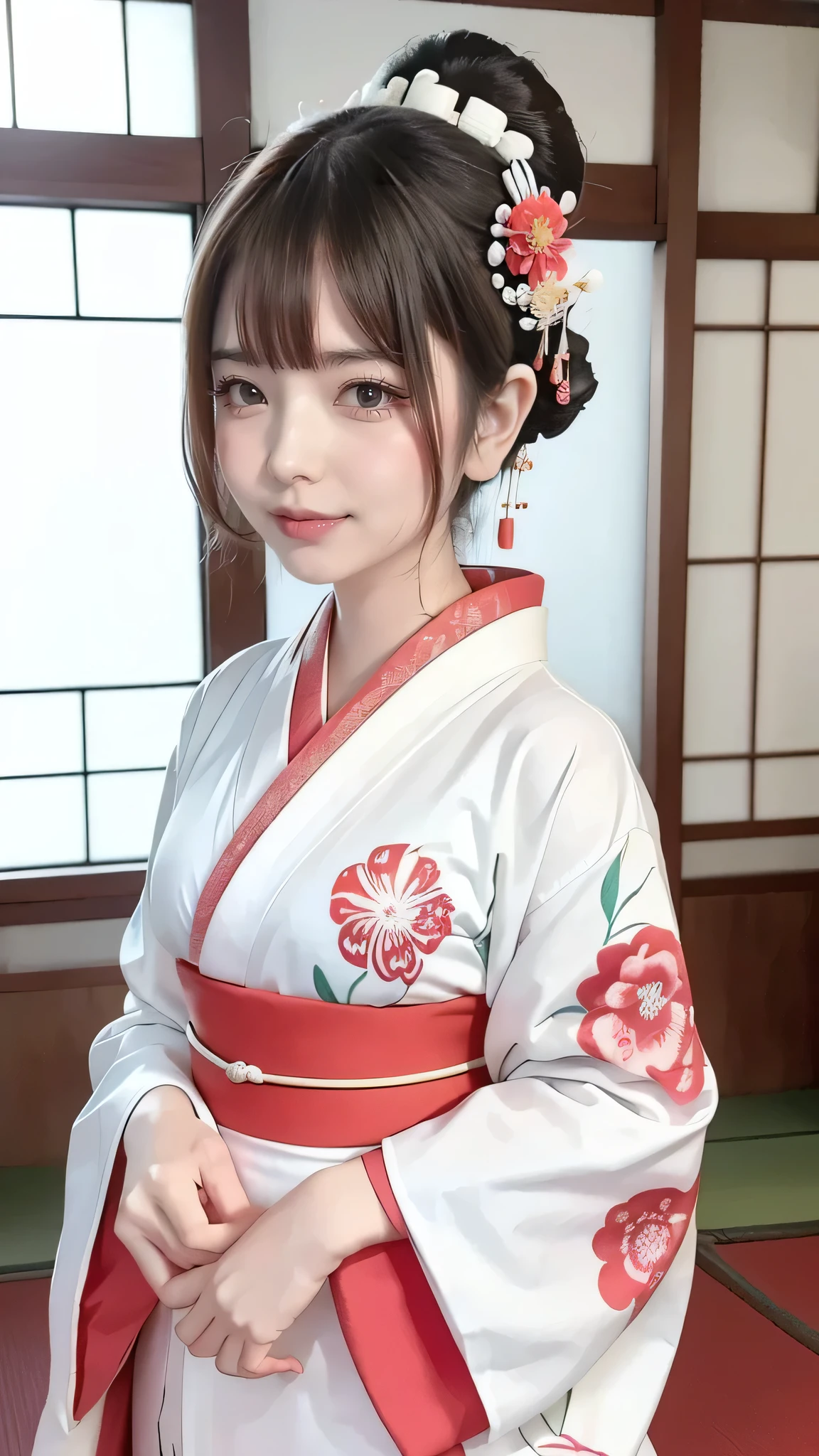 A beautiful young woman wearing brightly colored Japanese clothing、A charming expression、The upper white teeth are visible、Japanese clothing with red floral pattern on a white background、Colorful Japanese clothes、((SeaArt creates beautiful women in kimono))、Full Body Shot、background、Shrines and temples、The atmosphere is like that of a Japanese Ukiyo-e painting.、