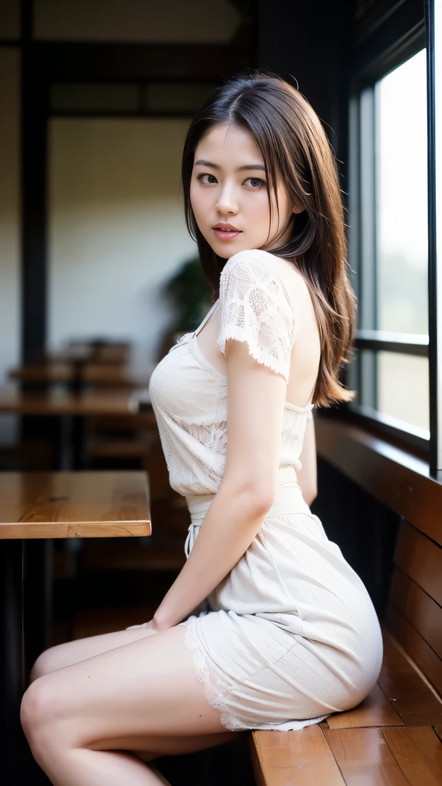 ,  pretty face ,  perfect body, small waist and Big Breasts, Thin legs, Big Breasts, realistic skin, Full body portrait, (repay, 8k, masterpiece: 1.2),  Japanese women, 18 years old, ( high res beautiful face),  amazing face and eyes, ( top quality : 1.4), ( ULTRA DETAIL), ( high res CG integrated 8K wallpaper),  high res,  high res raw color photo,  Pro Pictures, Realistic portraits,  amazing face and eyes,  depth of field , (( exquisitely designed ,   Gorgeous Colorful Adult Costume Sailor Suit)), (( exquisitely designed , Beautiful and colorful adult shorts ,  high res panty portrait,  high definition panty picture )), (( Unique Poses Showing Panties ), (( with legs open,  and raise your leg))  open your mouth slightly , (((Lifting skirt herself))), (She lifts herself),  panties with lace,  small panties,  panties, masterpiece,  top quality ，16k, Ultra- high res，The light and shadow of reality，Cinema Lenses，(Very thin),(Very large, Hard,  Beautiful breasts),(( Her waist is so thin and beautiful)),(( She has great style )),(Pure white beautiful skin),((big,  clear ,  beautiful eyes)),((Her face is so small)),((Cute Japanese girl)),((She is wearing a thin sheer lace slip dress.)),((sit on a bench in a stylish cafe)),（ sexy pose taken from the butt),( beautiful eyes:1.1)，Reflecting  clear  eyes and a gentle smile,