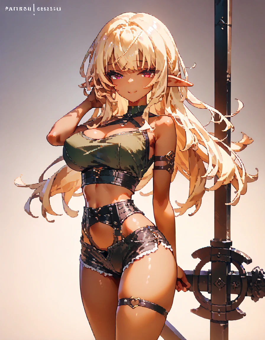  ,    dark skin  ,   smooth skin, smile,  standing device, girl-,   thin waist, , leather mini shorts, Pixel, small head,  long hair ,  Big girl,  phantesis , an adventurer, archer, elf,  blonde , sex,  bare shoulders are visible