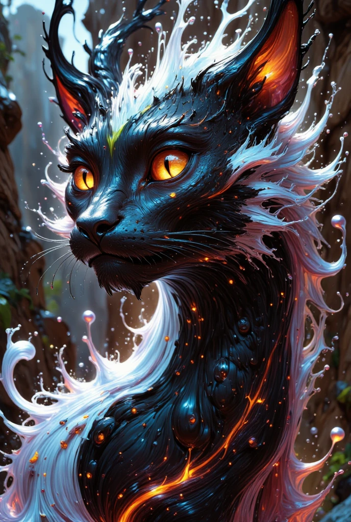 combines the characteristics of a cat and dragon. gaint, It has a connection with the three elements of earth, air and fire. fantasy setting, 8k, uhd, masterpiece, detailed. Black fur with white parts on head, neck and paws