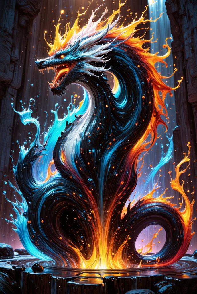 combines the characteristics of a cat and dragon. gaint, It has a connection with the three elements of earth, air and fire. fantasy setting, 8k, uhd, masterpiece, detailed. Black fur with white parts on head, neck and paws