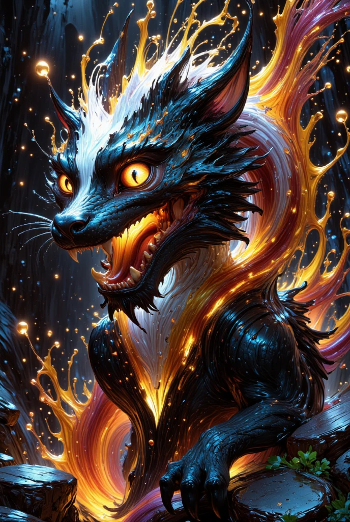 combines the characteristics of a cat and dragon. gaint, It has a connection with the three elements of earth, air and fire. fantasy setting, 8k, uhd, masterpiece, detailed. Black fur with white parts on head, neck and paws