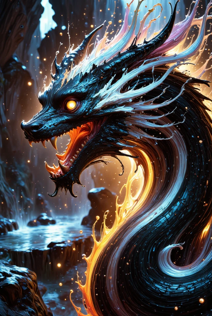 combines the characteristics of a cat and dragon. gaint, It has a connection with the three elements of earth, air and fire. fantasy setting, 8k, uhd, masterpiece, detailed. Black fur with white parts on head, neck and paws