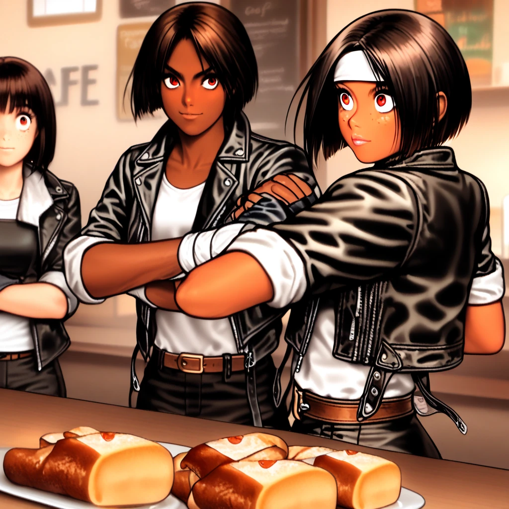 Cafe,  young girl( short bob,  black hair,  red eyes, Dark Skin, (( black leather jacket with rolled up arms )),  Fingerless Gloves ,  white t-shirt , (( white headband)),  open jacket ,  black pants ,  white shoes ,  brown belt, , Freckles,  big eyes) sandwiches at the table,