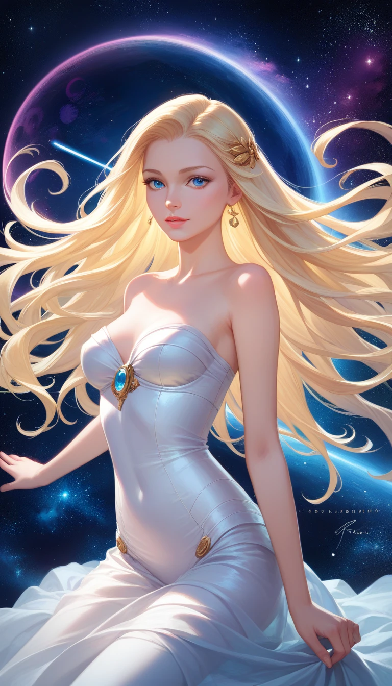 (best quality), 1girl, female, porcelain skin, blonde hair, straight hair, medium hair, swoopy tips, Flipped-up ends, brown eyes, perfect eyes, slender, cosmic, dark cosmic lux, star skin, fantasy universe, small bust, shy, masterpiece, anatomically correct, highres