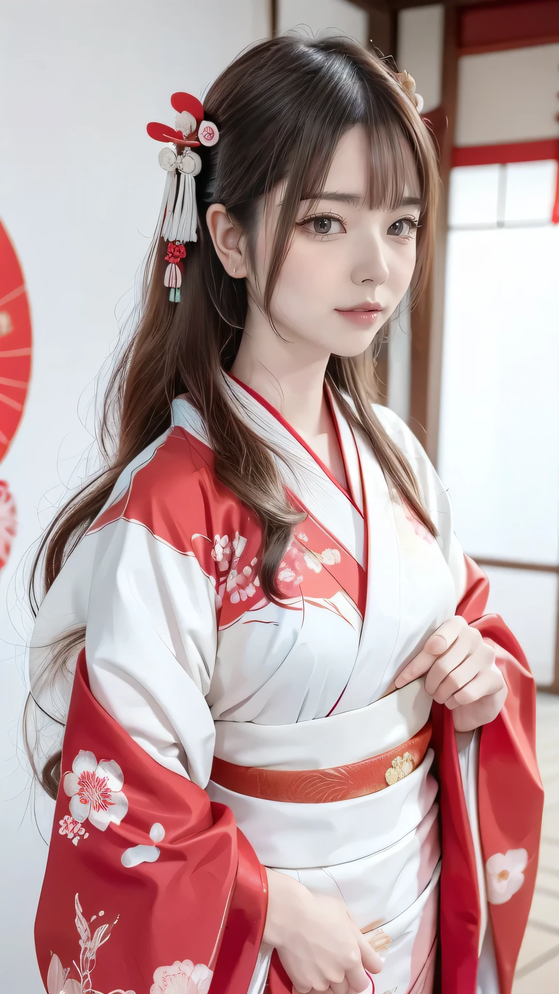 A beautiful young woman wearing brightly colored Japanese clothing、A charming expression、The upper white teeth are visible、Japanese clothing with red floral pattern on a white background、Colorful Japanese clothes、((SeaArt creates beautiful women in kimono))、Full Body Shot、background、Shrines and temples、The atmosphere is like that of a Japanese Ukiyo-e painting.、