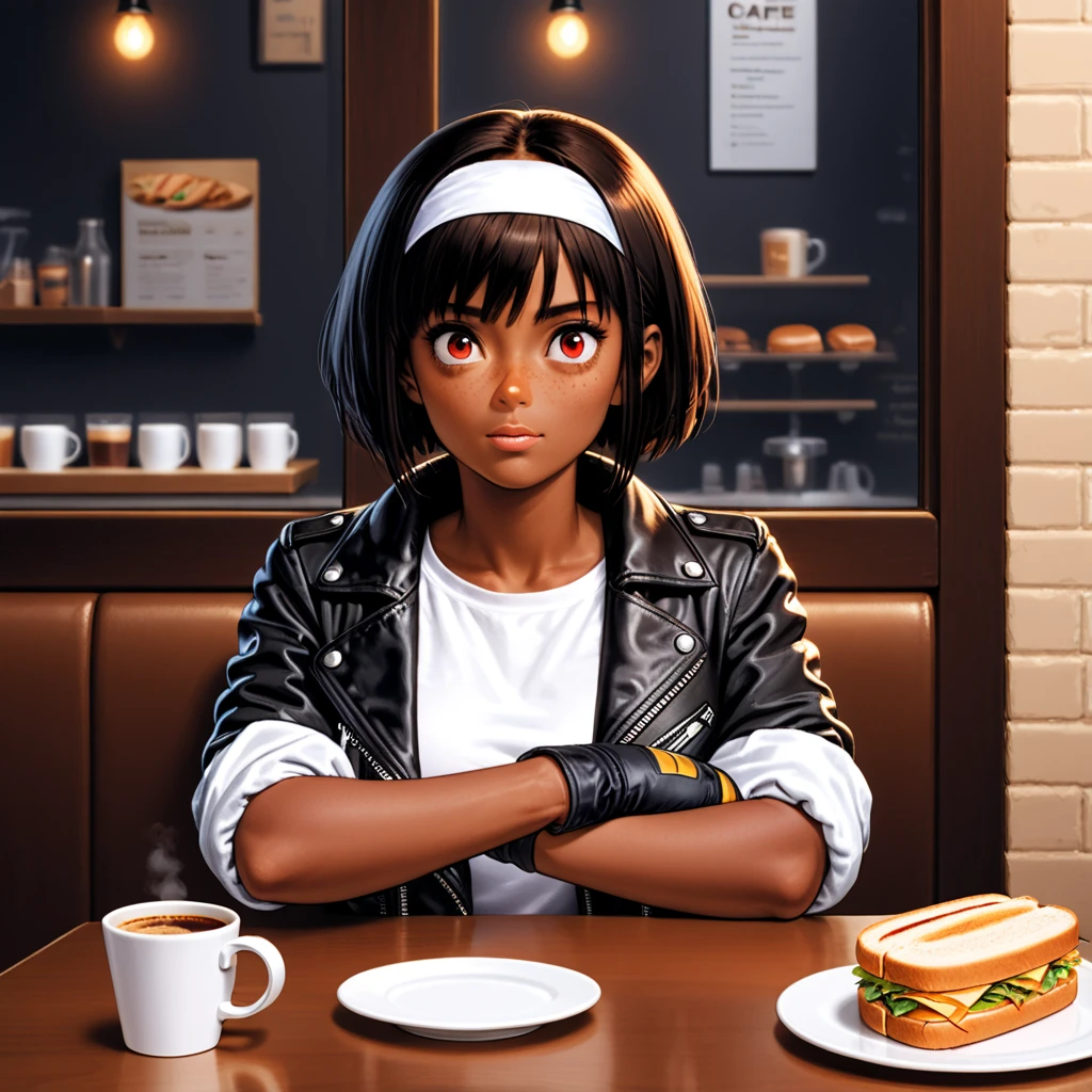 Cafe,  young girl( short bob,  black hair,  red eyes, Dark Skin, (( black leather jacket with rolled up arms )),  Fingerless Gloves ,  white t-shirt , (( white headband)),  open jacket ,  black pants ,  white shoes ,  brown belt, , Freckles,  big eyes) sandwiches at the table,
