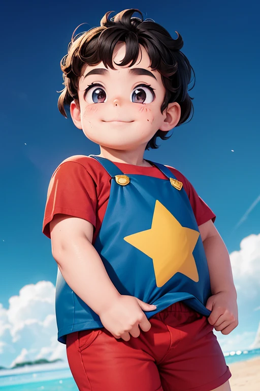 Steven the hero, cute face, messy hairstyle, chubby red shirt, star logo, blue pants, attractive smile, cinematic shot, lens aperture 1.8, nice background 