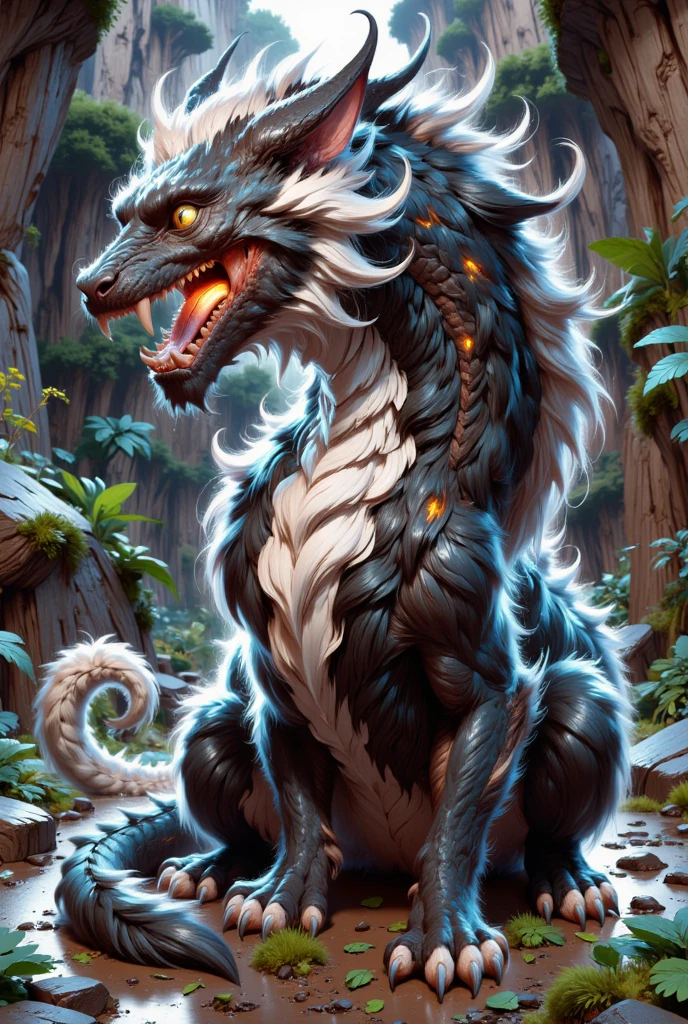 combines the characteristics of a cat and dragon. gaint, It has a connection with the three elements of earth, air and fire. fantasy setting, 8k, uhd, masterpiece, detailed. Black fur with white parts on head, neck and paws. Fluffy, long fur