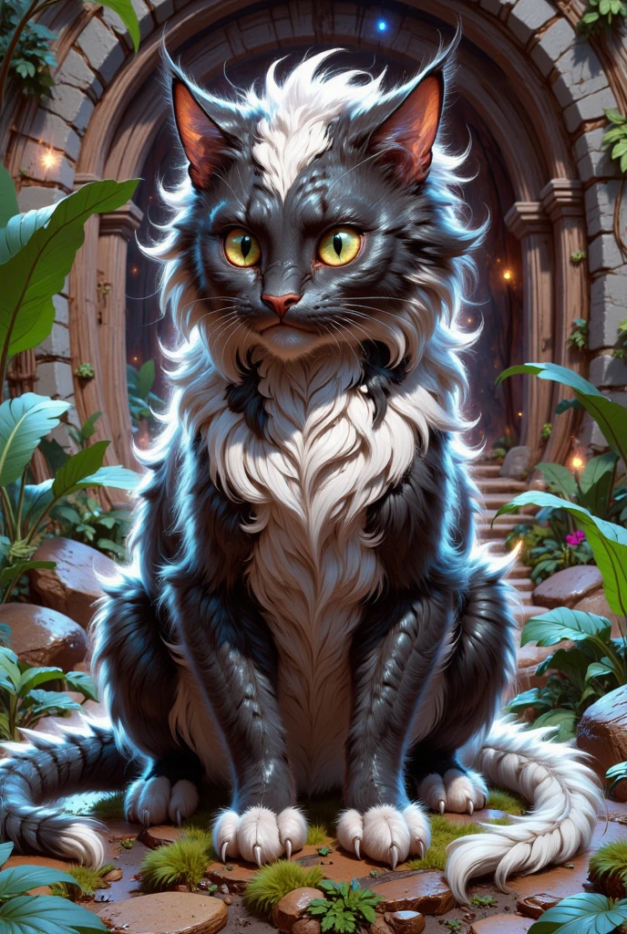 combines the characteristics of a cat and dragon. gaint, It has a connection with the three elements of earth, air and fire. fantasy setting, 8k, uhd, masterpiece, detailed. Black fur with white parts on head, neck and paws. Fluffy, long fur