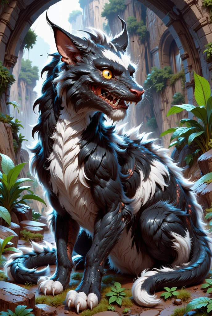 combines the characteristics of a cat and dragon. gaint, It has a connection with the three elements of earth, air and fire. fantasy setting, 8k, uhd, masterpiece, detailed. Black fur with white parts on head, neck and paws. Fluffy, long fur