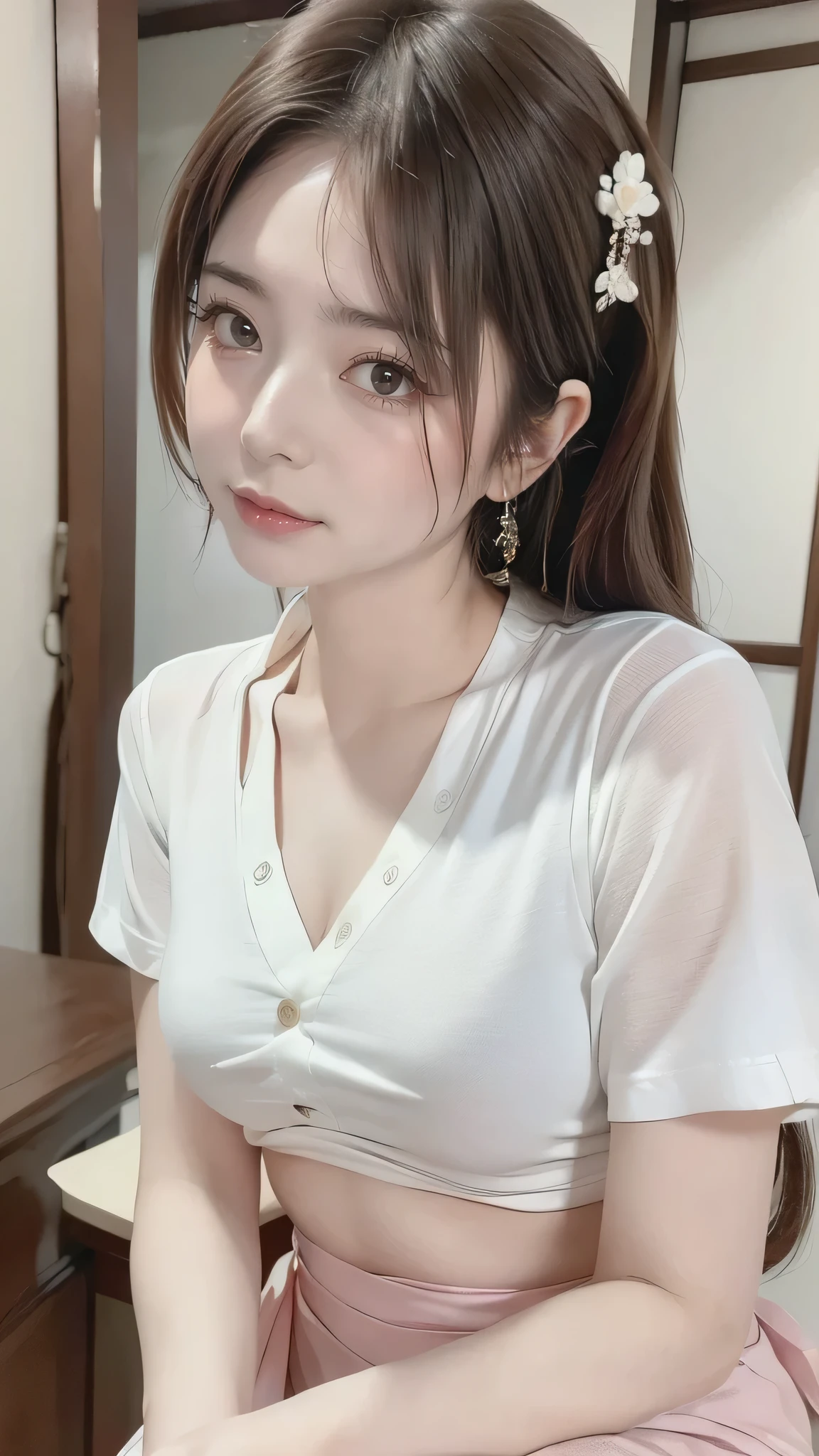 (((masterpiece))),(((High resolution)))、(((8K)))、(((perfect face)))、(((beauty of japan)))、25 years old、(((sexy shirt))), look at the camera, (top quality eyes), detailed face, detailed texture
