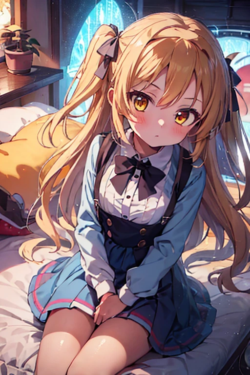 Cute anime cat girl with long yellow hair and blue eyes is worried at home.