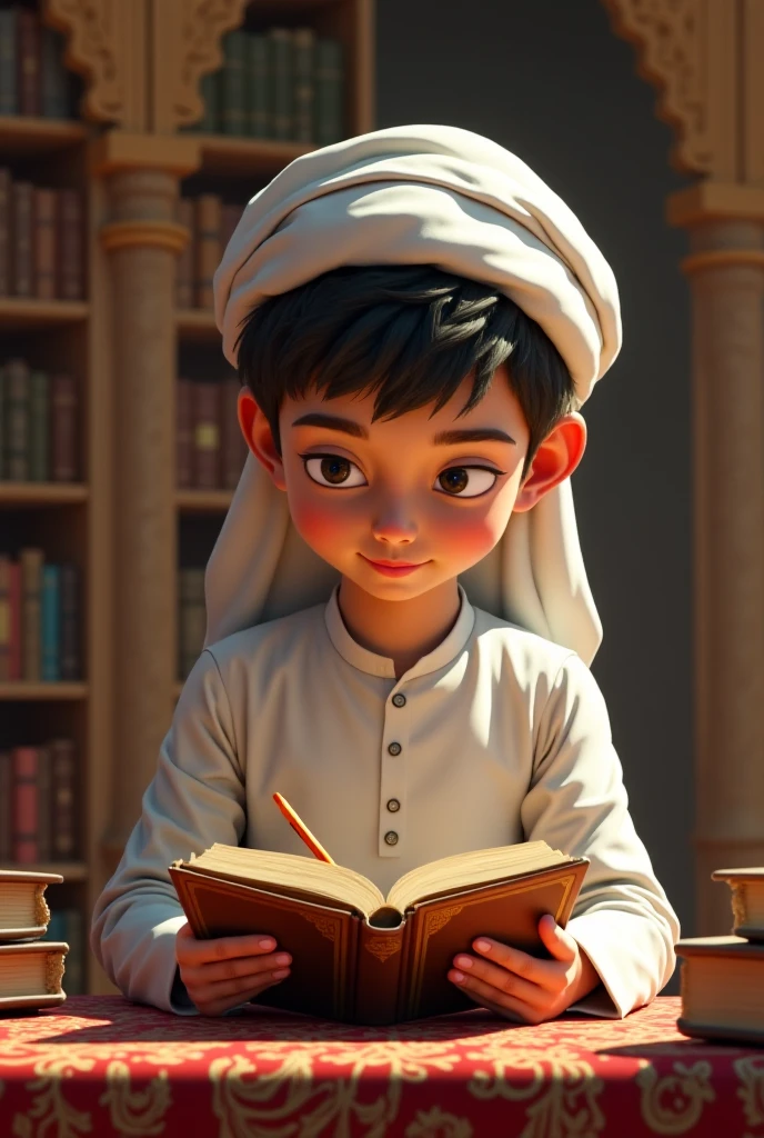 A young Muslim boy writes in a notebook with a favorite book in his hand while it is in the Arab library 