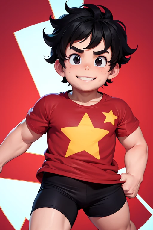 Steven the hero, detailed face, messy hairstyle, detailed body, red shirt, star logo, pants, black eyes, smile, modern art, nice background 