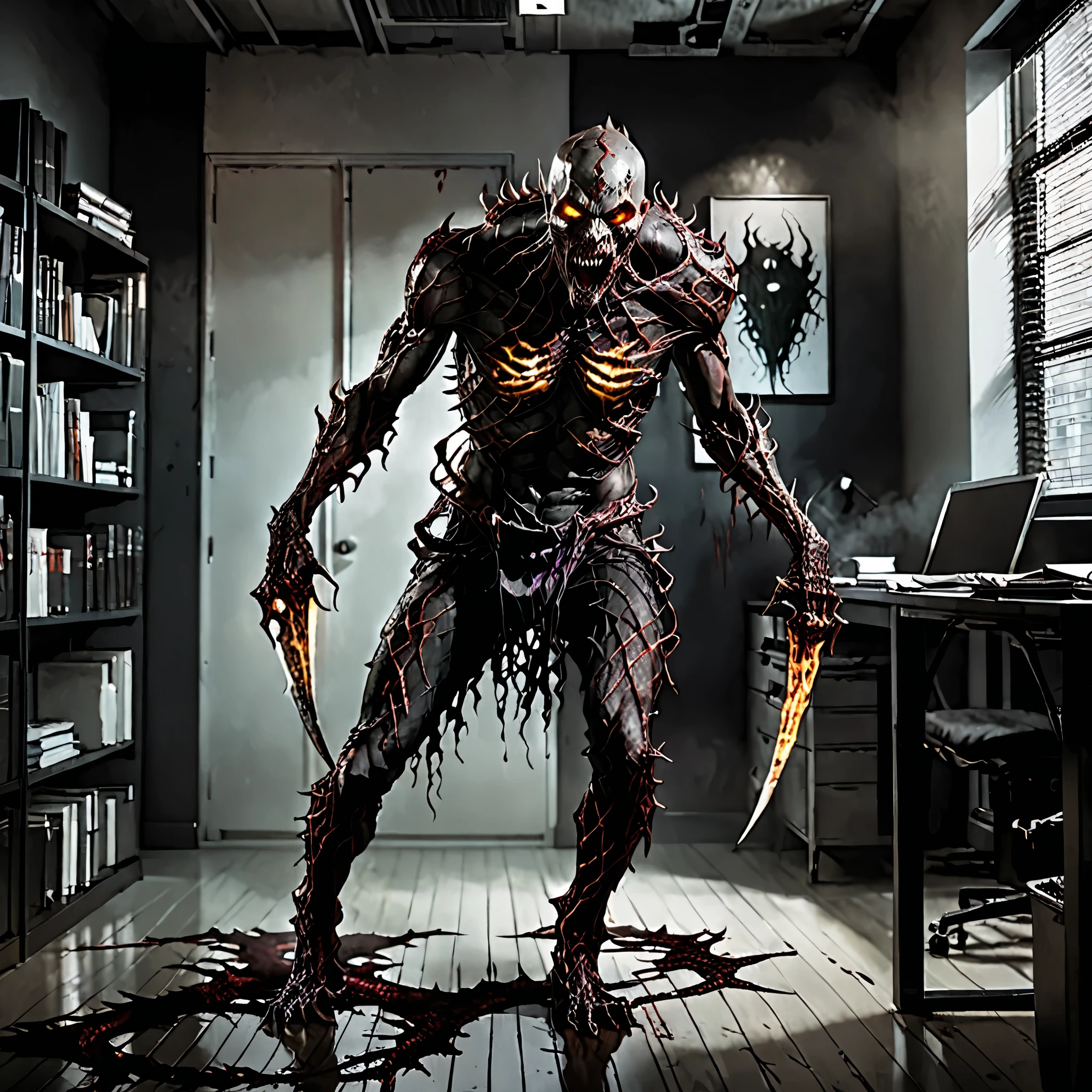 in the style of Charlie Bowater, Guhl, fiery undead monster, lurking in the corner of a dark office, black dead suffering eyes in a shapeless face, killer, made of flesh, skin streaked , no hair, mouth without lips (open, fangs), full body picture