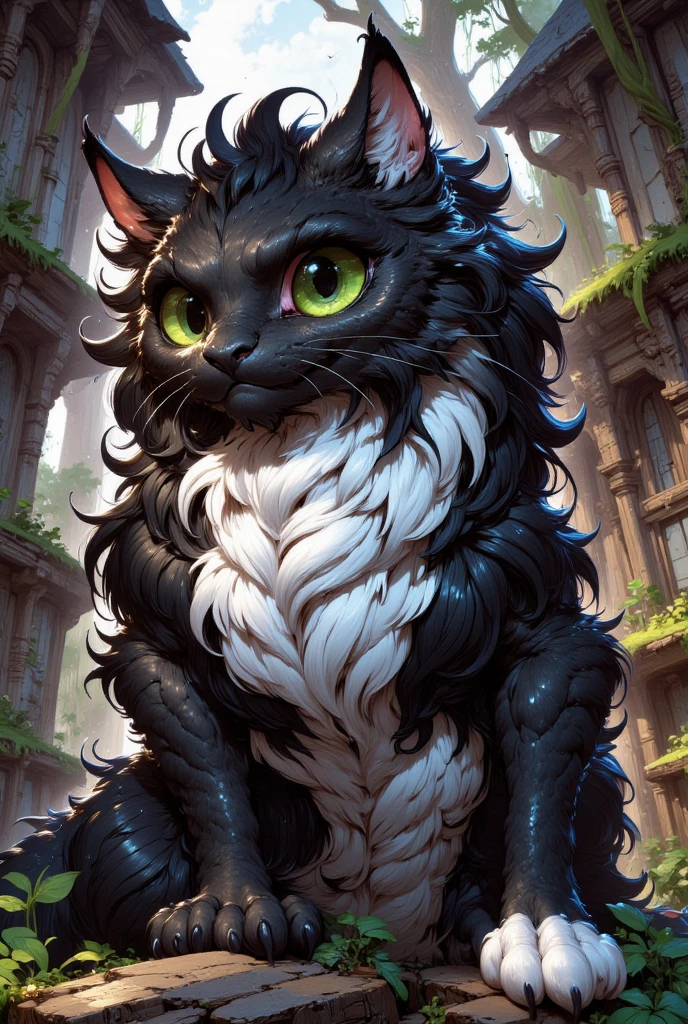 combines the characteristics of a cat and dragon. gaint, It has a connection with the three elements of earth, air and fire. fantasy setting, 8k, uhd, masterpiece, detailed. Black fur with white parts on head, neck and paws. Fluffy, long fur