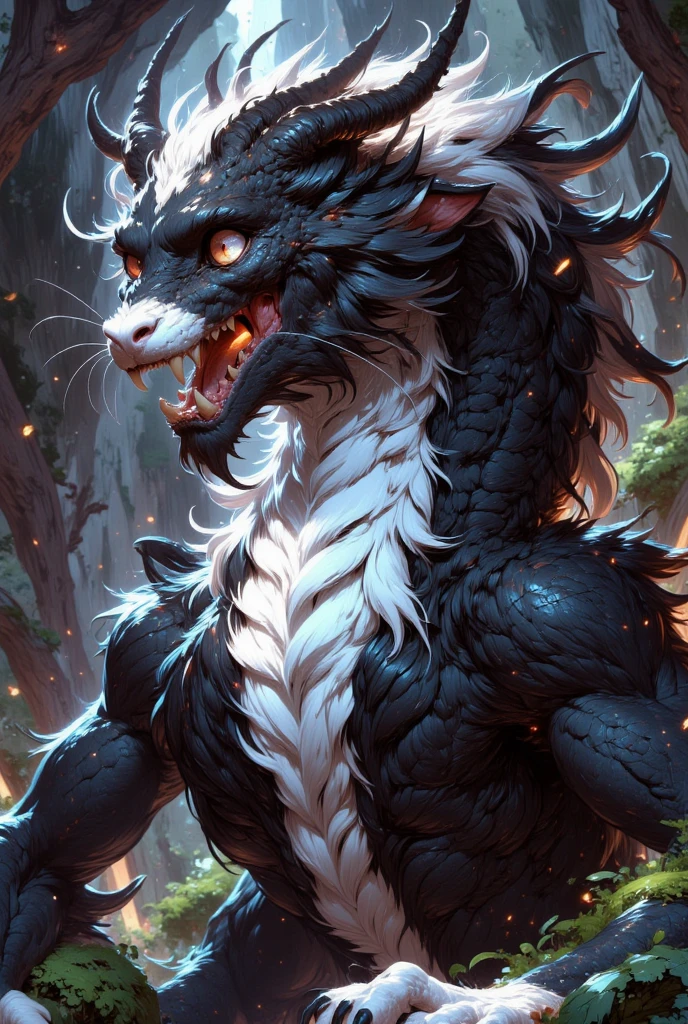 combines the characteristics of a cat and dragon. gaint, It has a connection with the three elements of earth, air and fire. fantasy setting, 8k, uhd, masterpiece, detailed. Black fur with white parts on head, neck and paws. Fluffy, long fur