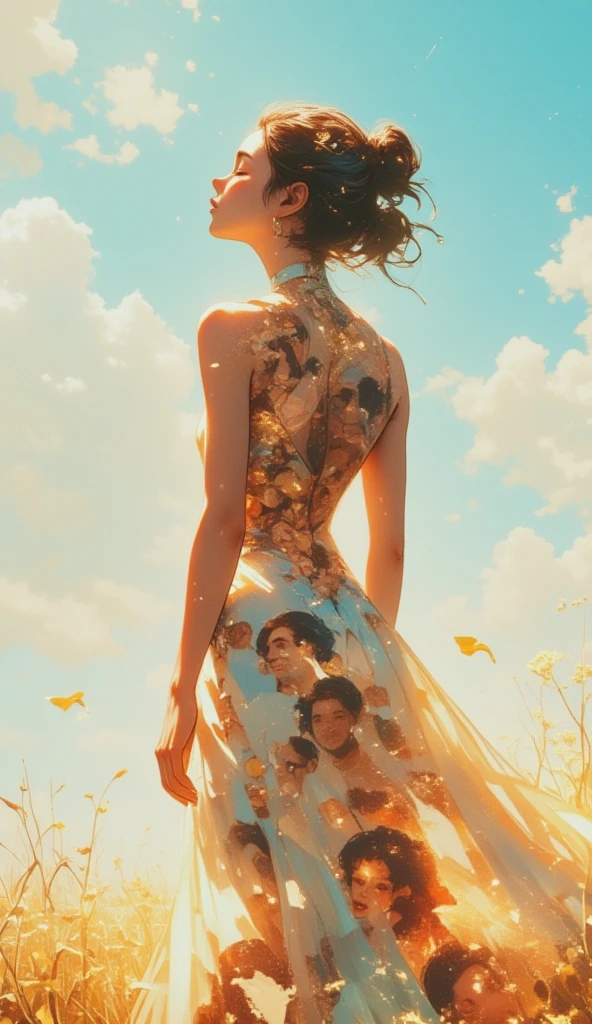 a woman dressed in a backless ballroom dress, she closes her eyes facing the sky, blue sky white cloud, she is in the paddy field with golden ray, low angle, close up