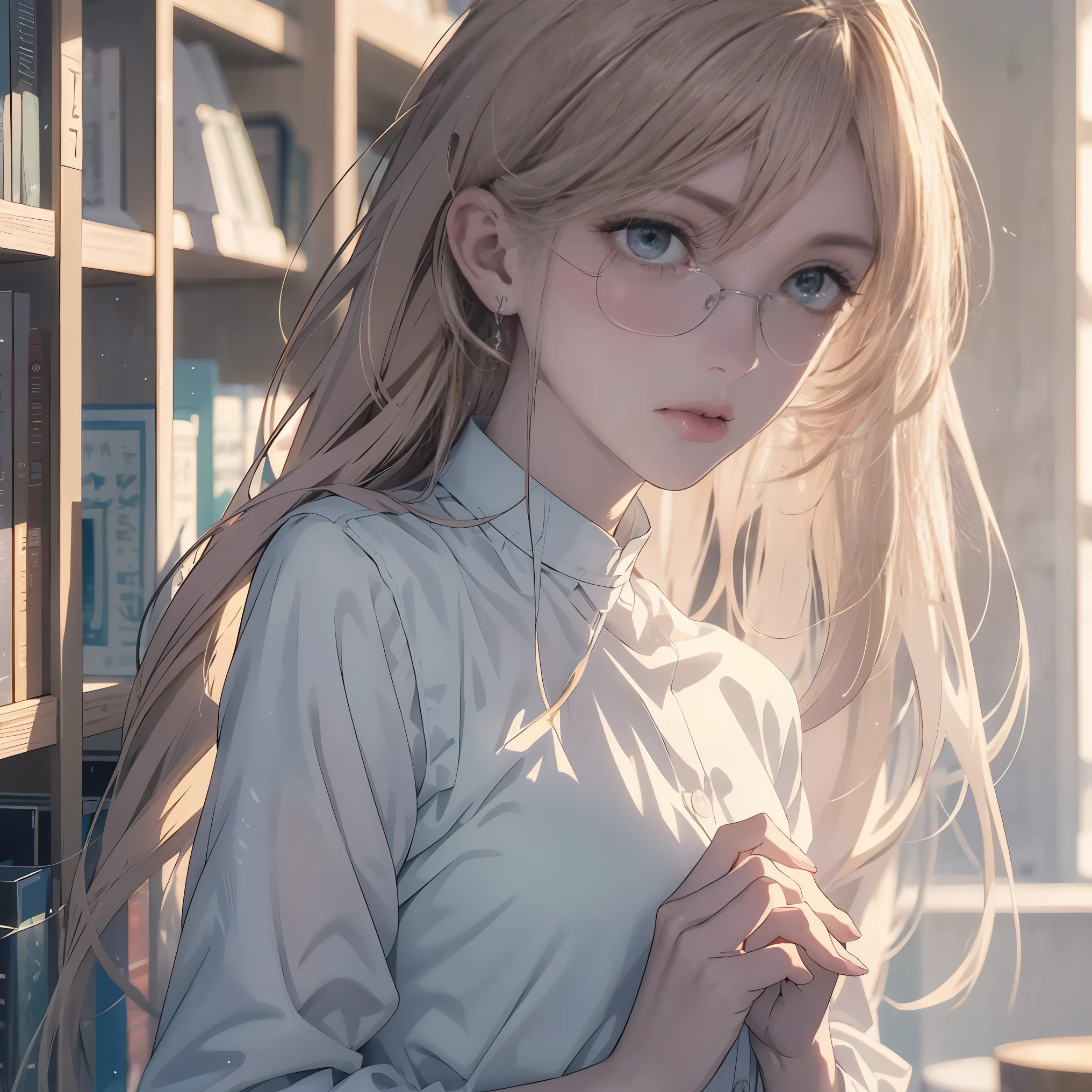 a beautiful girl, long brown hair , glasses, attractive, high, small waist, alone, eating an apple, with a book in my left hand, looking at the camera , dawn, in a library, sunlight , Comfortable suit , showing chest, medium short flat .