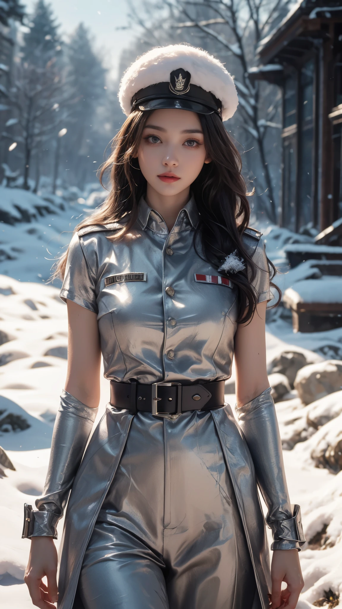 photorealistic, high resolution, 1women, solo, hips up, look at viewer, (detailed face), winter clothes, snow