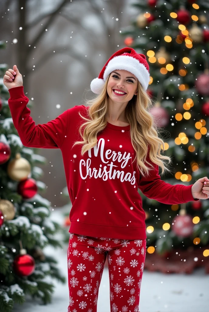 Latina woman, 30 years old, long blonde hair, honey-colored eyes, beautiful smile, dressed in Christmas pajamas, in her living room decorated with Christmas decorations, standing next to a beautiful Christmas tree