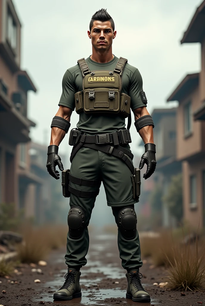 Crie uma imagem realista de Chris Redfield de Resident Evil 8
. He should have a human appearance, with detailed and realistic facial features. Chris should be wearing his classic game uniform, including the green t-shirt, cargo pants and military boots. adicione detalhes como o emblema da S.T.a.R.S. on the shoulder and a serious and determined expression. a iluminação deve ser natural, as if he were in a survival environment, with soft shadows and a background that evokes a horror and survival setting.
