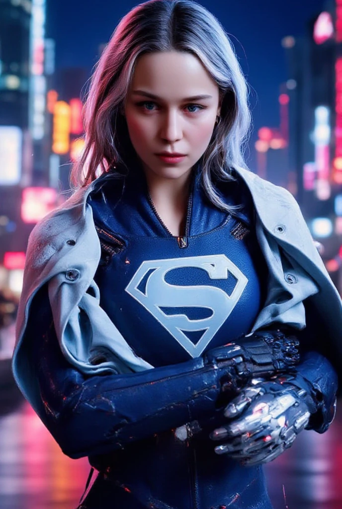 (best quality, 128k,highres,masterpiece:1.2),ultra-detailed,(realistic,photorealistic,photo-realistic:1.37), ((masterpiece)) ((photography)) ((Highest quality)) Emilia Clarke in the role of a cyberpunk Supergirl, wearing a sleek and detailed futuristic armor in light blue, white, and red. The iconic "S" emblem is seamlessly integrated into the armor design, glowing with a soft neon blue light. Her expression exudes confidence and determination, with her hair slightly tousled by the wind. The background features a cyberpunk city illuminated by neon lights and holograms, with futuristic skyscrapers and a vibrant night sky.